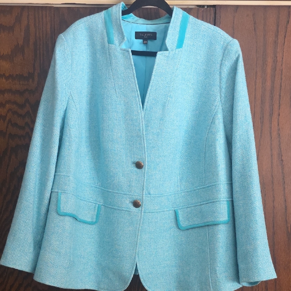 Talbots Light Aqua Tweed Blazer with Contrast Trim